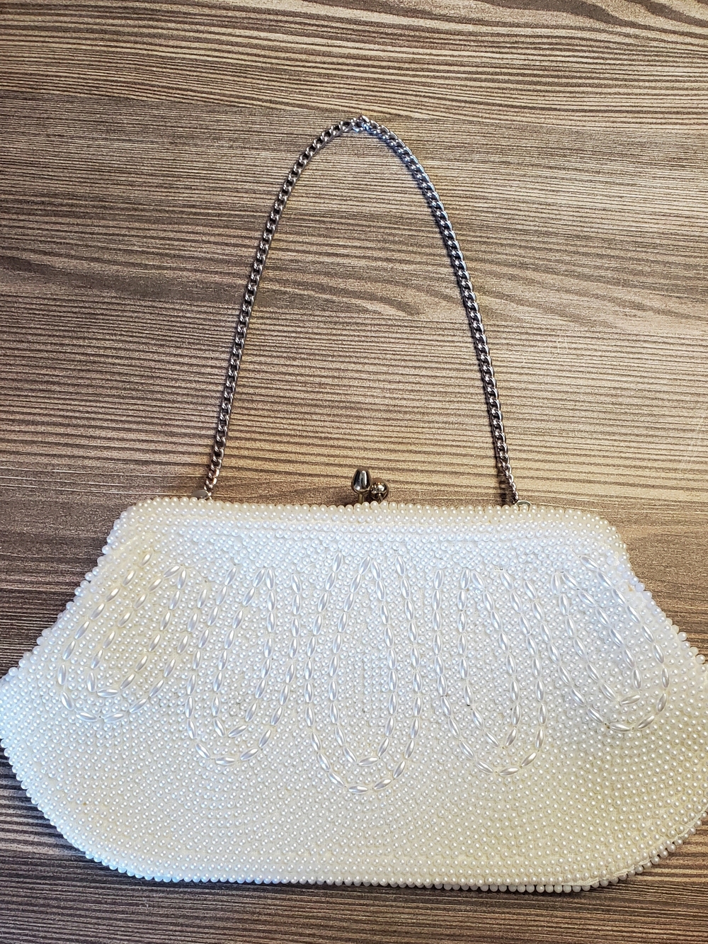 Vintage White Pearl Beaded Evening Clutch with Silver Chain